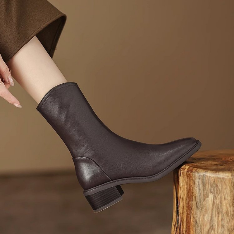 Sock Boot Women - Women Square Toe Leather Ankle Boots