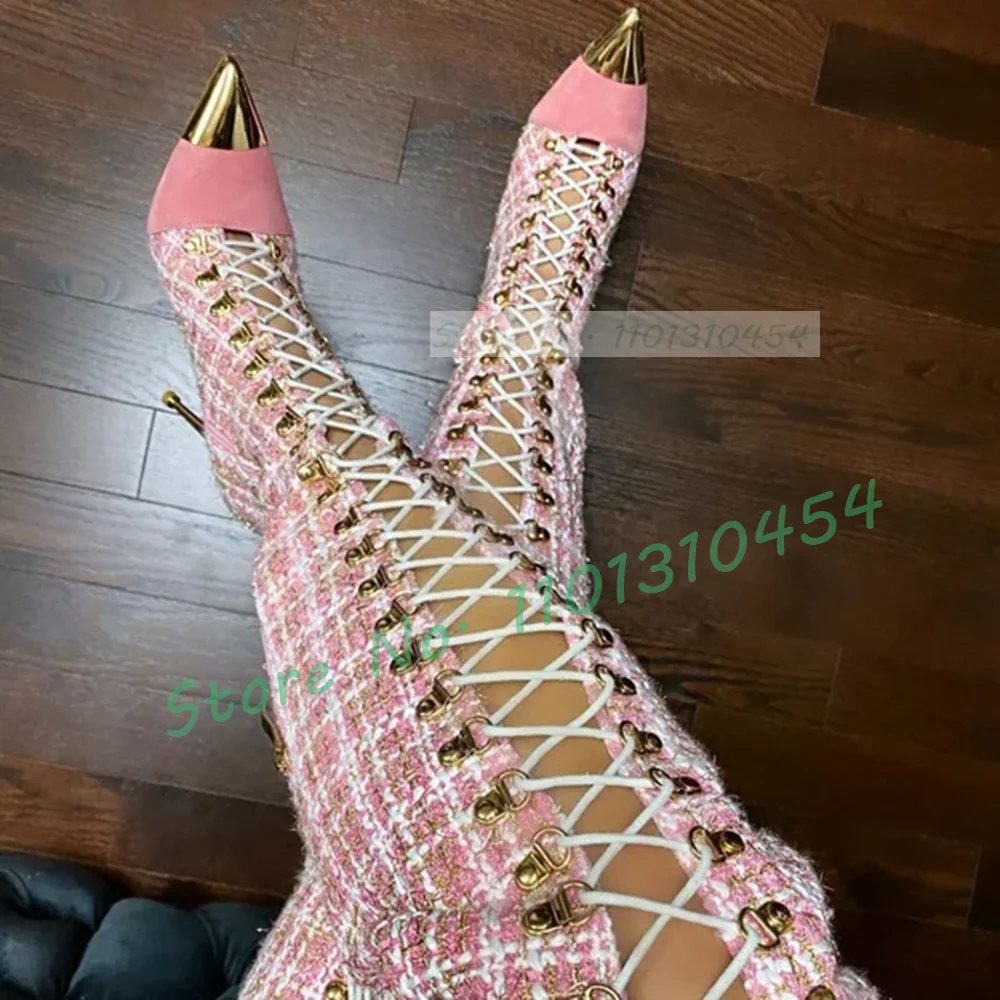Pink Plaid Hollow Tall Boots W - Sock Boot Women ulasan dan harga