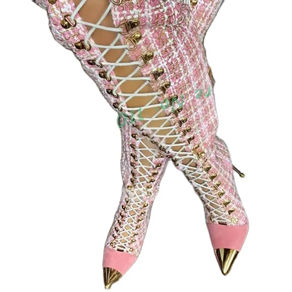 Pink Plaid Hollow Tall Boots W - Sock Boot Women ulasan dan harga